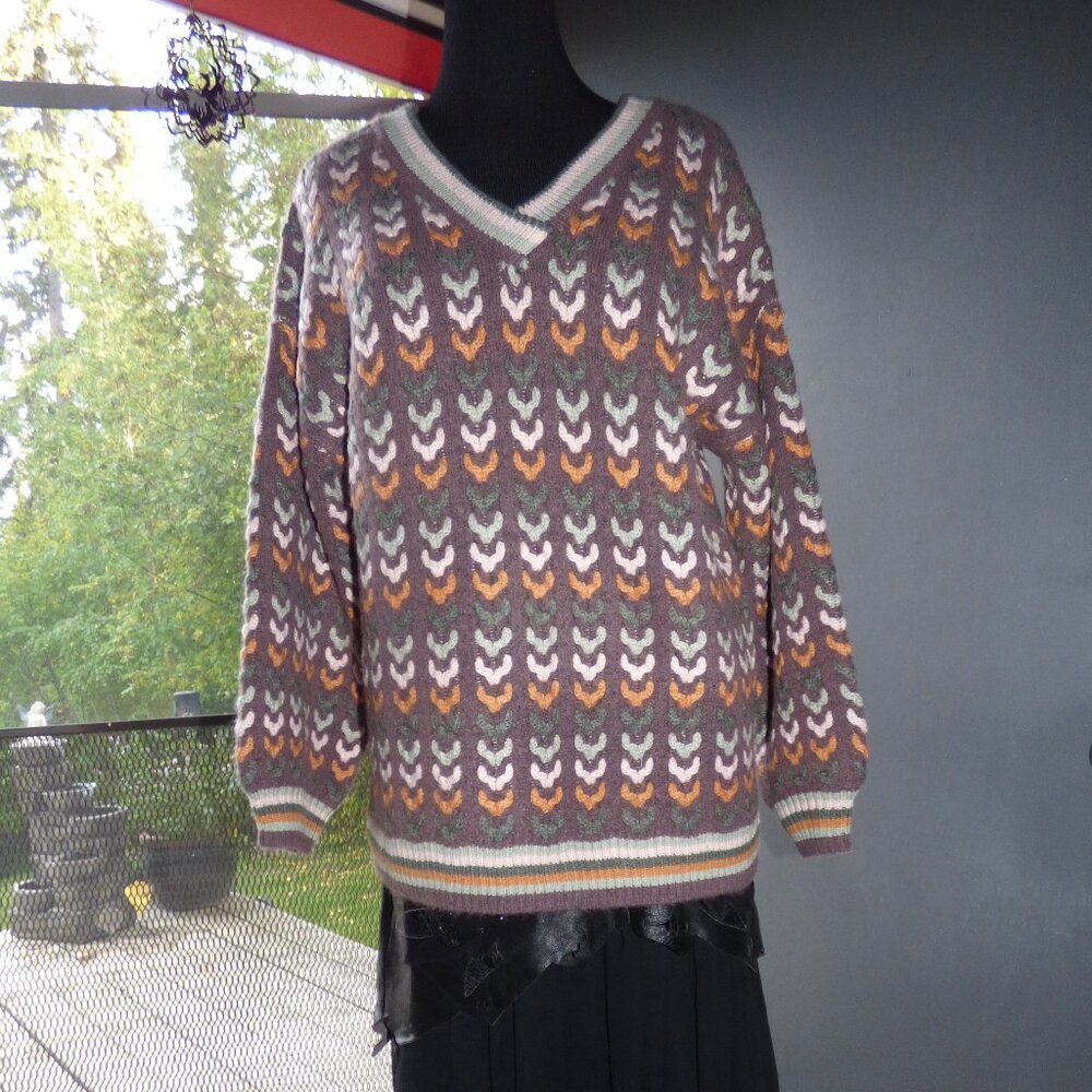 LISTICLE GOTH BOHO PRAIRIE BROWN MULTI V-NECK LONG SLEEVE SWEATER TOP PULLOVER L